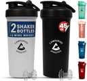 2 Pack 45 oz Protein Shaker Bottiglie con filo Whisk – BPA-Free, Leak-Proof Shaker Cups per Protein Shakes & Smoothies – Grande bottiglia di miscelatore di plastica – Classic White & Midnight Black