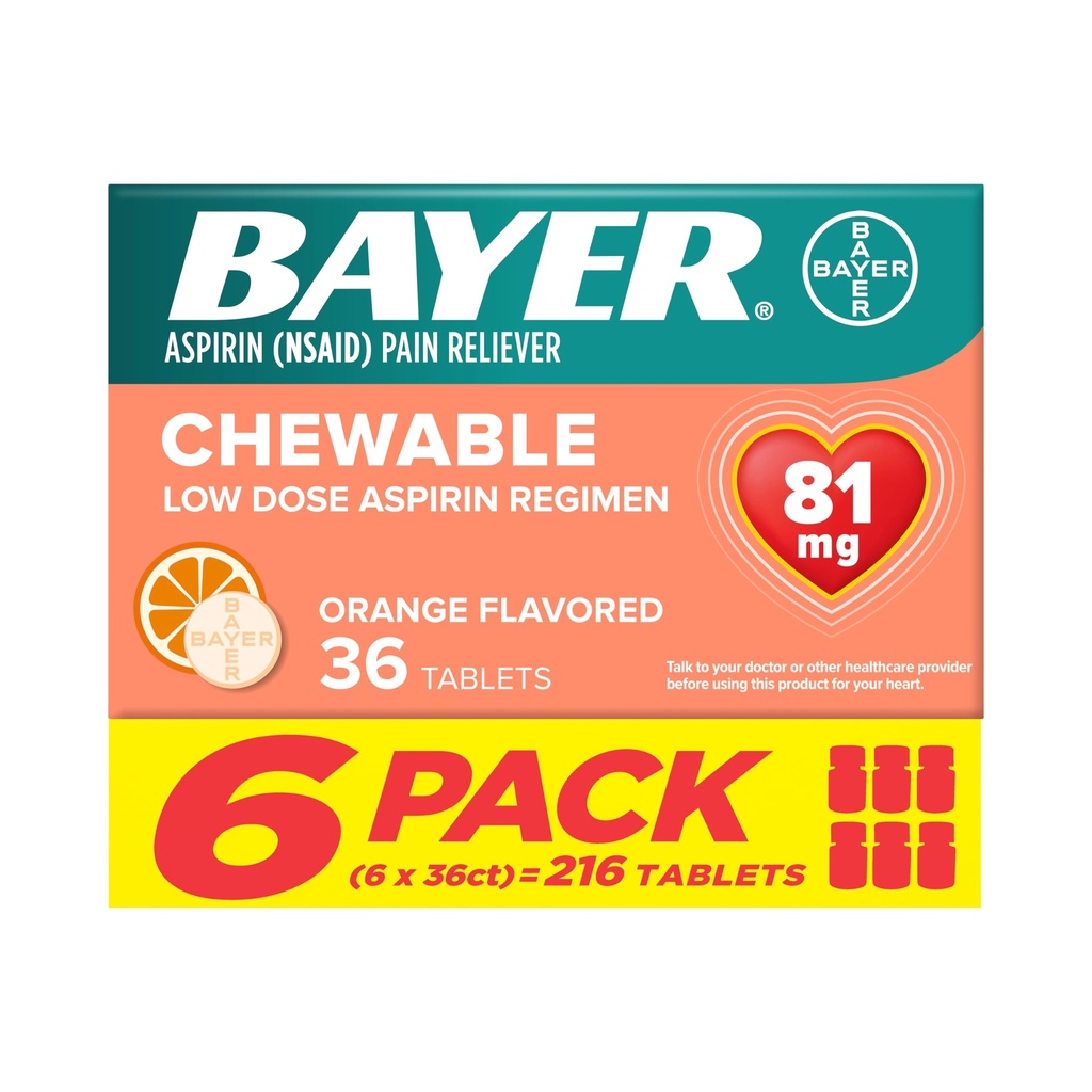 Bayer Aspirin Low Dose 81 mg Kautabletten, Schmerzlinderung, Orange Flavored, 216 Tabletten (6 Packung)
