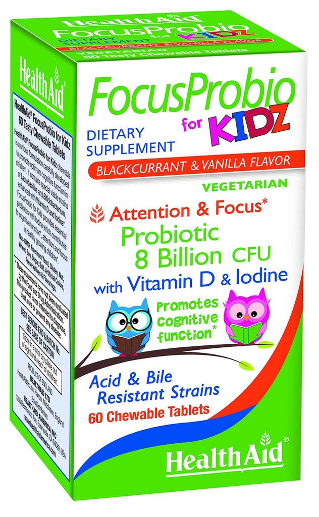 FocusProbio für Kidz, 60 Kautabletten, unterstützt kognitive Funktion für Aufmerksamkeit und Fokus. Blackcurrant und Vanilla Flavor, enthält Vitamin D & Jod. Säure & Bile Resistant Strains. Vegetarisch