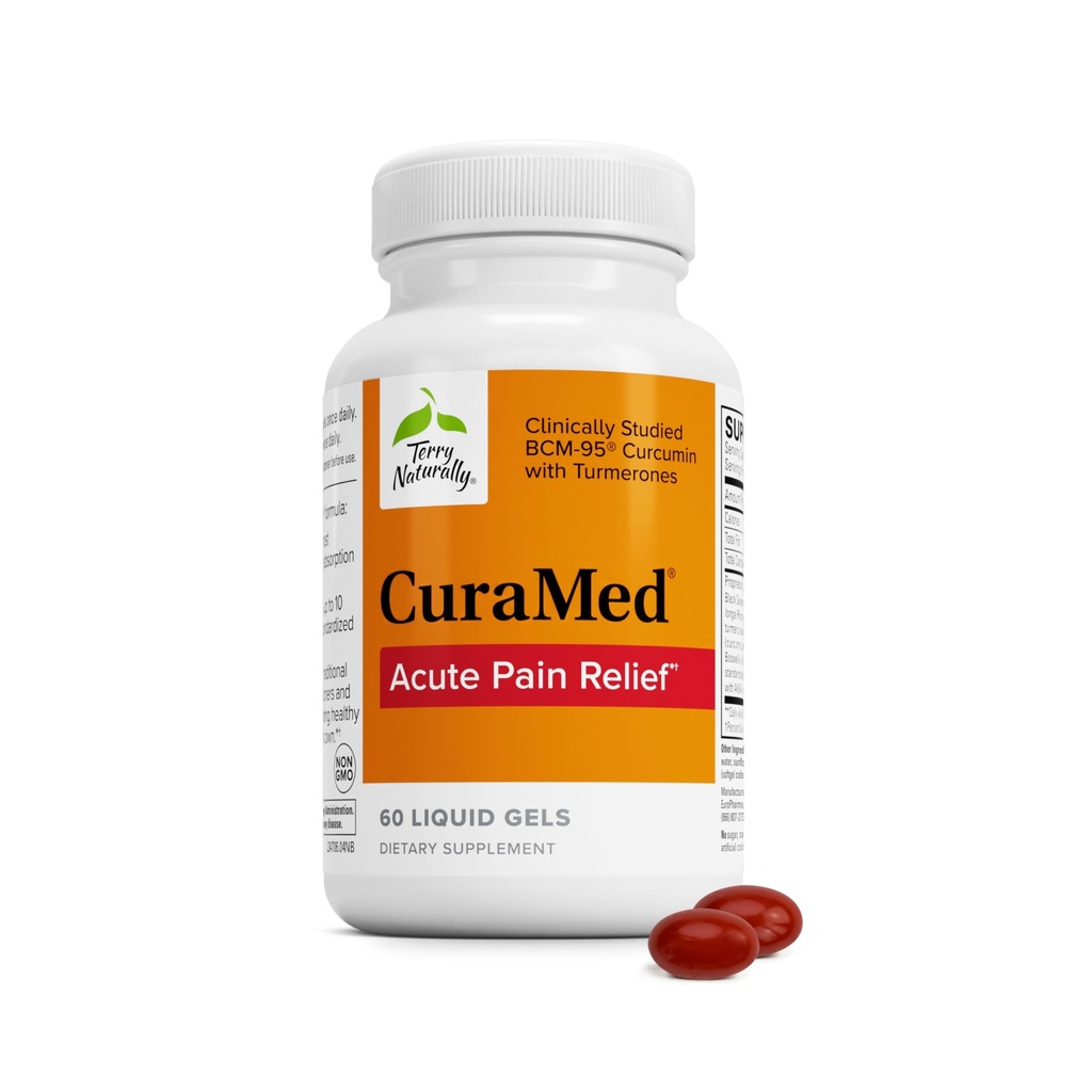 Terry Natürlich CuraMed Akute Schmerzlinderung - Ergänzung mit BCM-95 Curcumin & BOS-10 Boswellia - Schwarzes Sesam Öl zur Unterstützung Relief von okzialen Störungen - 60 Flüssige Gele