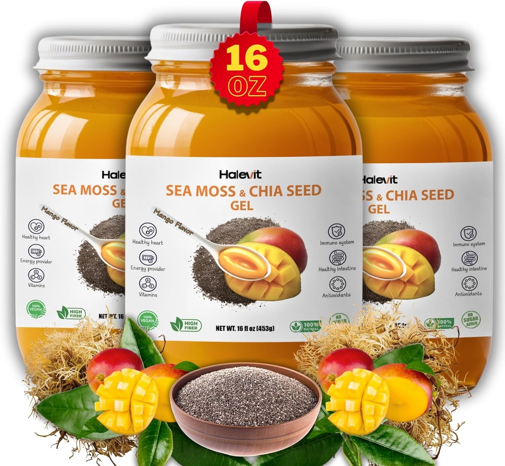 Gel Sea Moss con Ground Chia Seeds, Sea Moss Gel Organic Raw – Natural Iodine Source, Omega-3, Immune & Digestive Support, Vegan Superfood, Mango Flavor, Made in USA, 16 oz