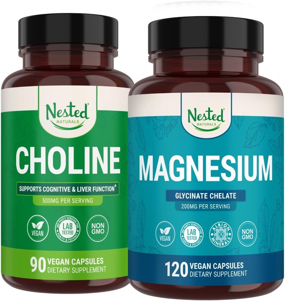 Nested Naturals Choline Bitartrate & Magnesium Glycinate Chelate Stack | Entspannung, Schlafunterstützung, Kognitive Leistung (210 Zähler)