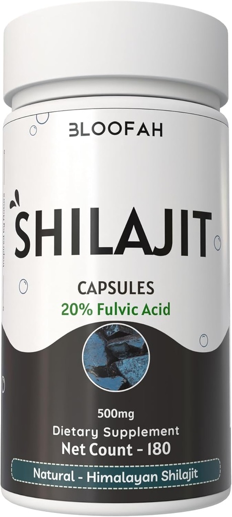 Bloofah Shilajit Capsules 500mg | 20% Extract Fulvic Acid | Natural Shilajit Powder (Asphaltum) | Non-GMO, Gluten-Free | Premium Wellness Supplement for Daily Use (180 Count (Pack of 1))