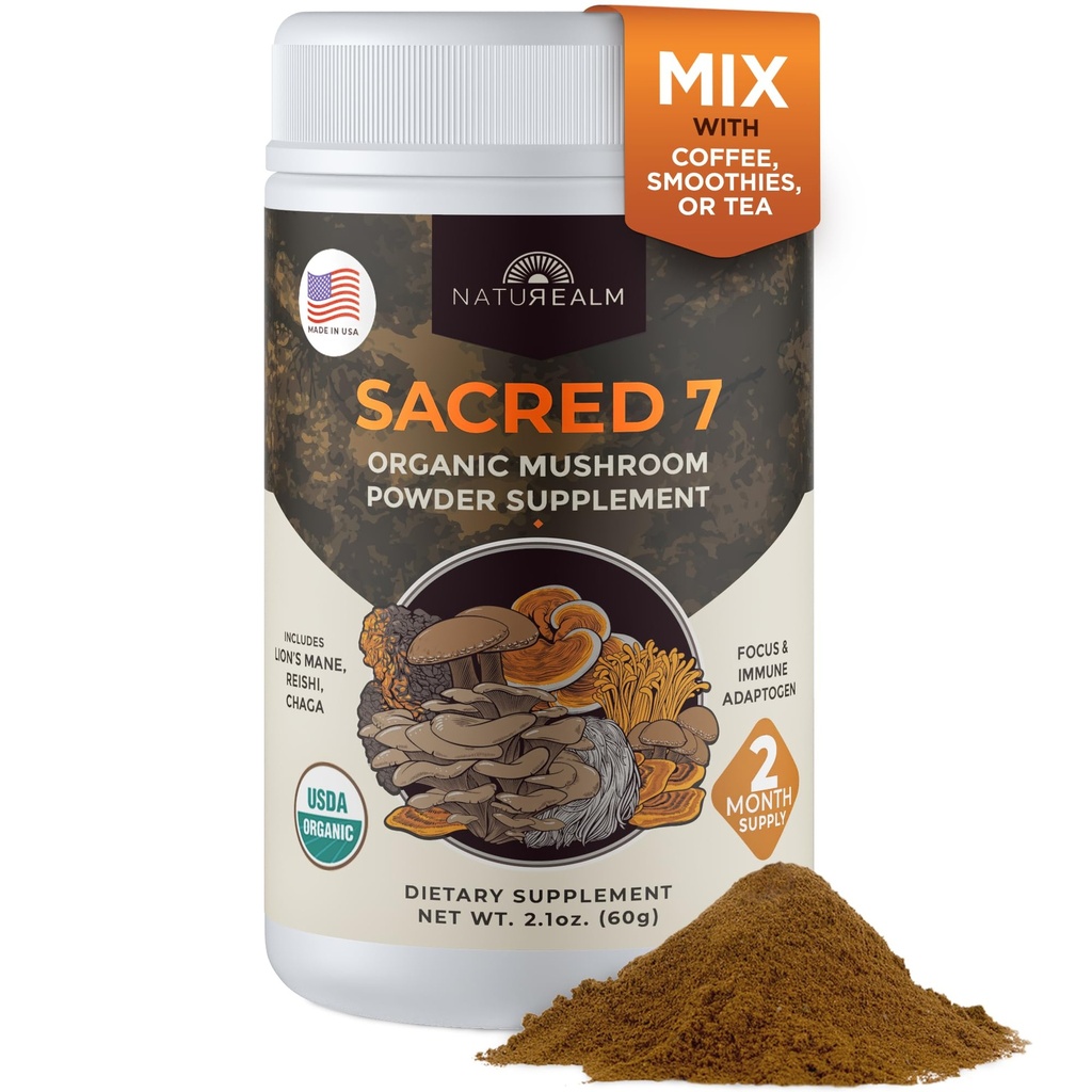 Naturealm Sacred 7 Organic Mushroom Supplement – 100% Fruchtkörper-Extrakt-Pulver mit Lions Mane, Reishi, Chaga & More | Nootropic & Immune Unterstützung für Kaffee, Tee, Glatteien – 60 Servietten