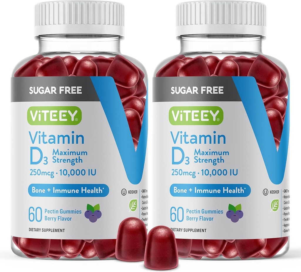 Viteey Vitamine D3 Gommies pour adultes et adolescents -10 000 UI, 250 mcg, Force maximale - Sans sucre, os, articulaire et santé musculaire, Immune Boost - Végétarien, Sans gélatine - Dégustation de baies à croquer