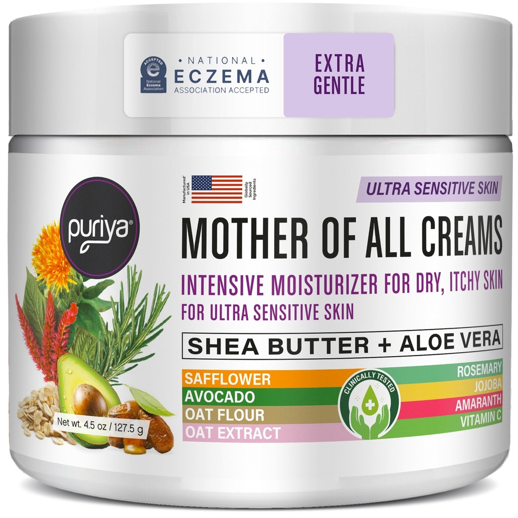 Puriya National Eczema Association Accepté Crème 4.5 oz, Sèche Déchiqueture Skin Relief, Colloïdal Lotion de farine d'avoine, Pour les enfants, les adultes, le visage, les mains, Mère de toutes les crèmes, Hydratation à base de plantes,Pas de parfum ajouté