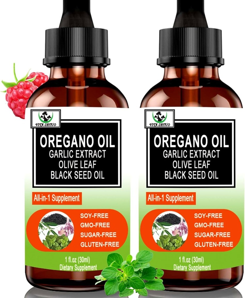 (2 Pack) Organisches Öl von Oregano mit schwarzem Seedöl für Immune, Verdauungsunterstützung & Antioxidans, w/Garlic Elderberry Saisonale Unterstützung 6X Absorption flüssige Oregano Tropfen