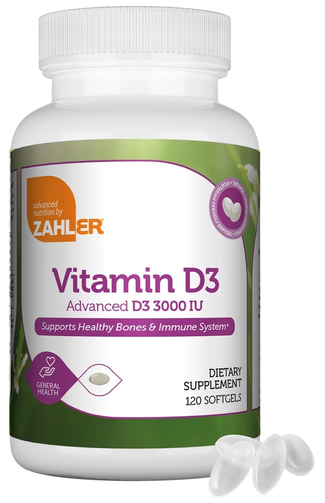 Zahler - Advanced Vitamin D3 3000 IU Softgels (120 Count) Kosher Vegetarisch freundliches Vitamin D für Immununterstützung, Knochen, Zähne & Muskel-Gesundheit - Tägliche D3 Vitamin-Ergänzung für Erwachsene - Easy Swallow.