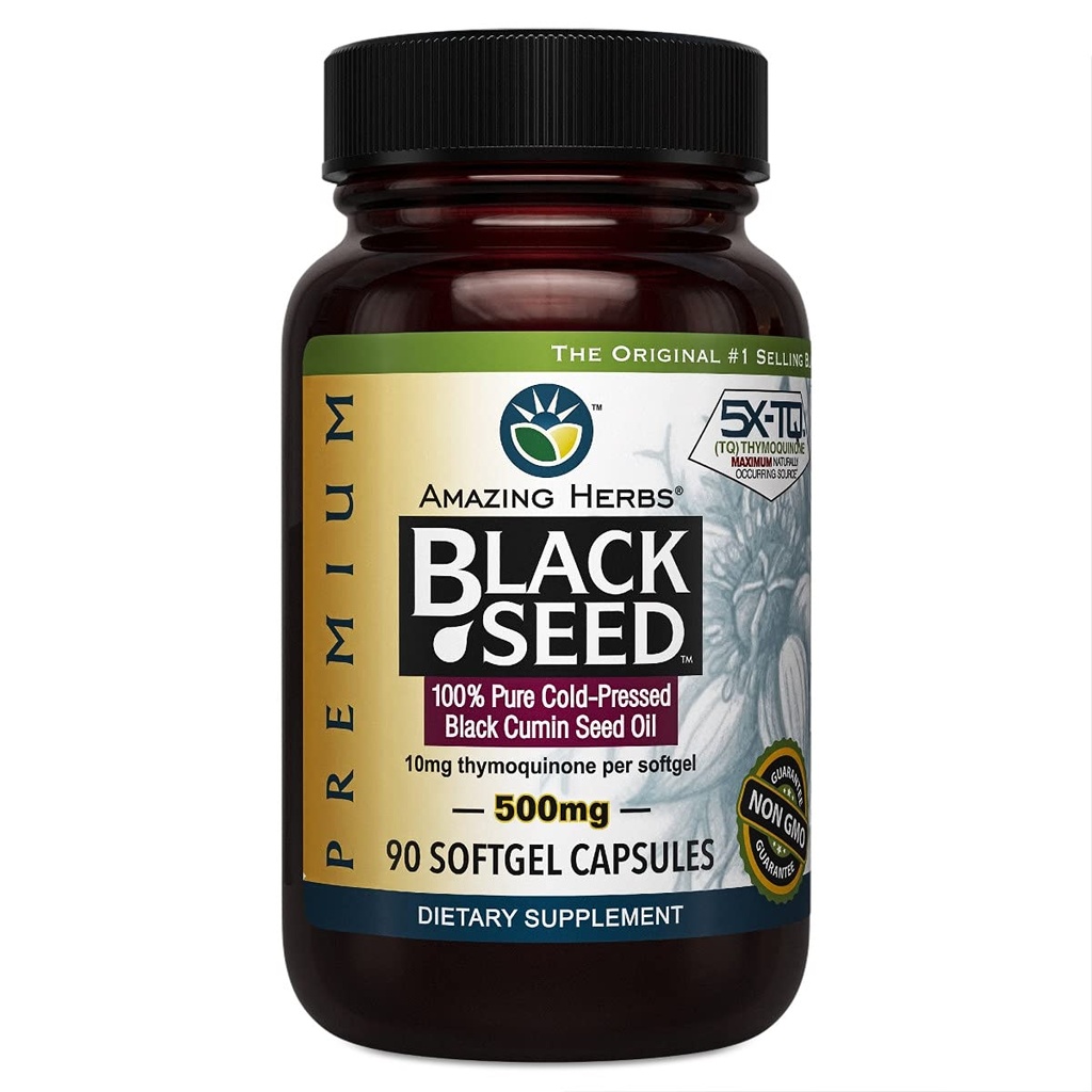 Amazing Herbs Premium Capsules d'huile de graines noires - Cold Pressed Nigella Sativa aide à la santé digestive, le soutien immunitaire, la fonction cérébrale, sans gluten, non OGM - 90 Compte, 500mg