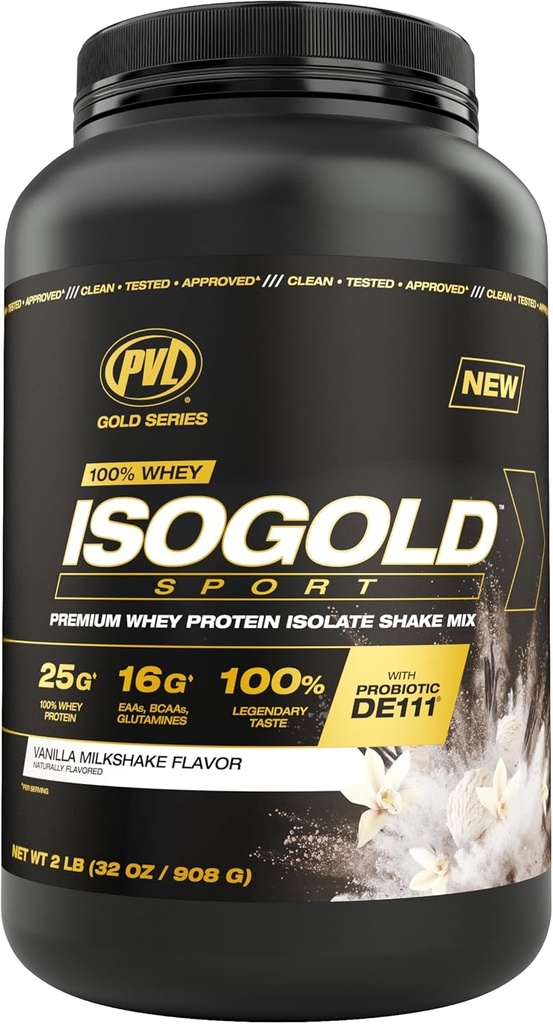 PVL Gold Series - 100% Whey ISOGOLD Sport - Premium Whey Protein Isolate Shake Mix - 2 LB - Vanilla Milkshake