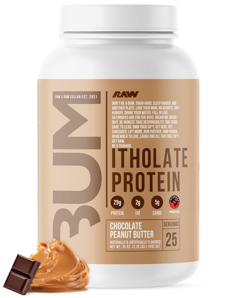 RAW Whey Isolate de poudre de protéines, beurre d'arachide au chocolat (Itholate de CBUM) - 100% de poudre de nutrition sportive à l'herbe pour la croissance et la récupération musculaires - faible teneur en gras, faible teneur en glucides, naturellement aromatisée - 25 portions