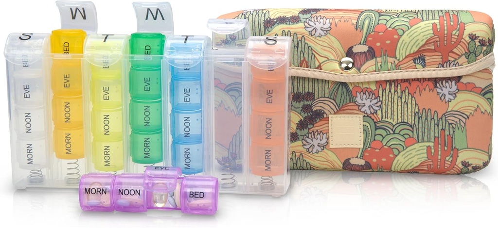 Facilità Kit Pill Case Large 7-Day / 28 scomparti in Neoprene Carrier con contenitore di pillole di stoccaggio in quotidiano a Morn, NOON, EVE, Pernottare una vitamina settimanale, Medicina, Organizzazione di capsule (Khaki Desert Cactus)