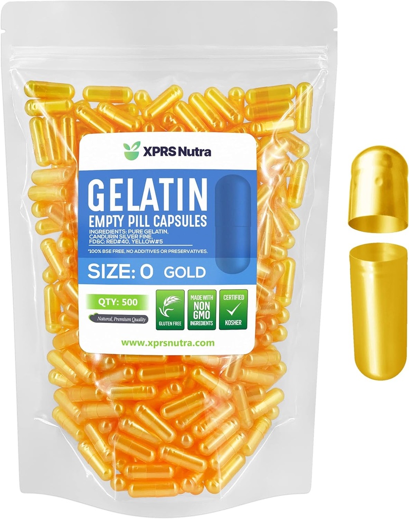 XPRS Nutra Größe 0 Leere Kapseln - 500 Graf Leere Gelatine Kapseln - Pille DIY Kapsel Füllung - Pure Bovine Pill Gel Kapseln für Do-It-Yourself Ergänzungen (Gold)