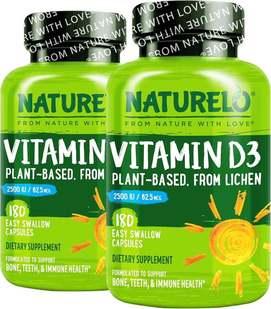 NATURELO Vitamin D - 2500 IU - Pflanze aus Lichen - Natürliche D3 Ergänzung für Immunsystem, Knochenunterstützung, Gelenkgesundheit - Vegan - Non-GMO - Glutenfrei - 180 Kapseln (Pack von 2)