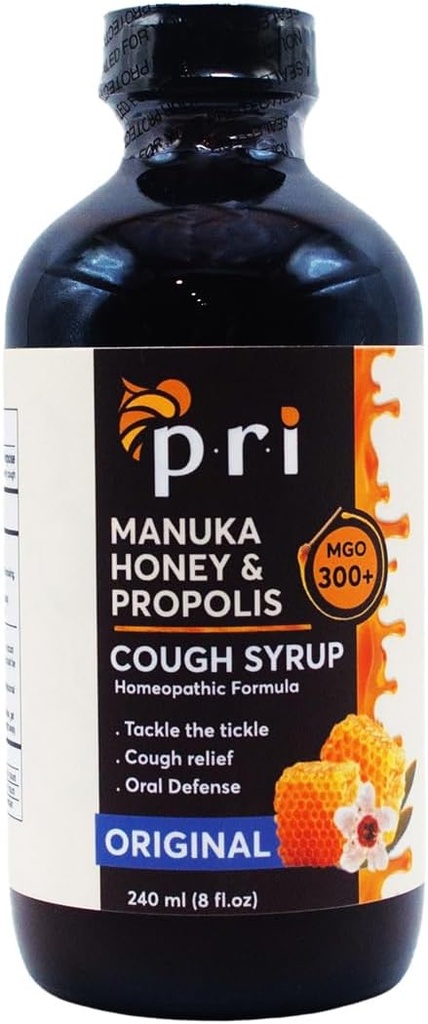 P.R.I Natural Dry Cough Syrup con Manuka Honey, Propolis, Tea Tree Oil and Vitamin C - Sore Throat & Immune Support, Original Flavor, 8oz
