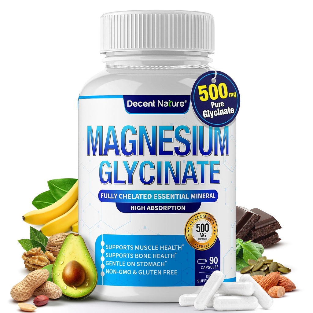Supplément de magnésium glycinate 500mg - Chélaté pour haute absorption et soutien de la biodisponibilité Sommeil, Muscle, os, crampes, récupération et énergie, Vegan Non-OGM 90 Capsules