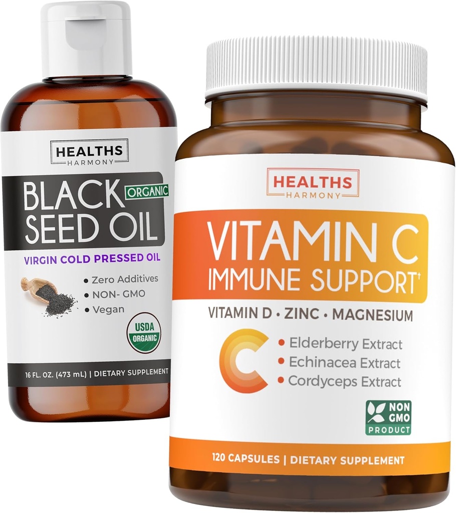 Huile de graines noires Liquid & Immune Support (2-Mois) Immune Maximiser Bundle - Black Seed Oil Liquid (16fl.oz) Premium Clack Cumin Seed Oil & Vitamine C Immune Support (120 Veg Caps)