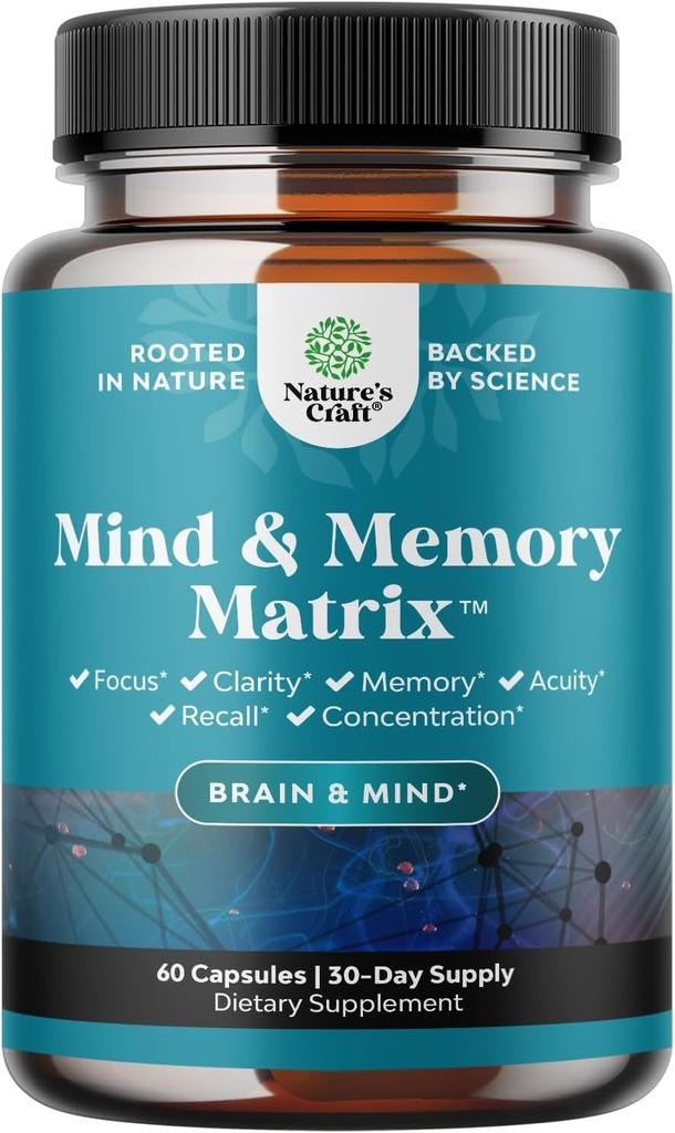 Matrix Nootropic Brain Ergänzung für Gedächtnis und Fokus Enhancement - Vitamine für psychische Gesundheit & Clarity - Kognitiver Komplex für Erwachsene aller Altersstufen Vitalität - 60 Kapseln