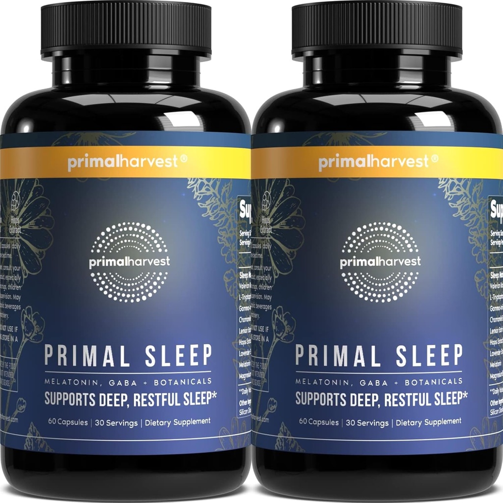 Primal Harvest 2 Pack, Primal Sleep, 120 capsule con radice di valeriana, L-Tryptophan, GABA, camomilla e melatonina 3mg