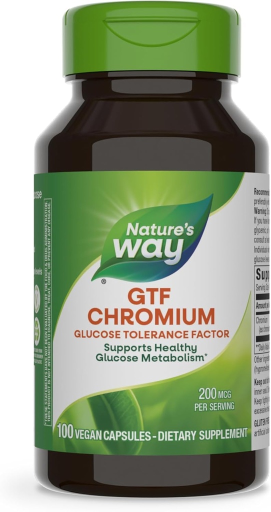 Nature's Way GTF Chrom, Glucose Tolerance Factor, Unterstützt gesunde Glucose Metabolismus*, 200 mcg Chromium pro Servierung, 100 Vegan Capsules (Packaging May Vary)