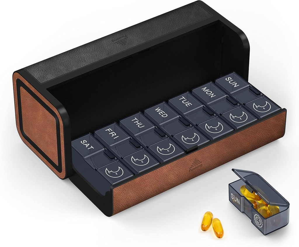 Medicine Pill Organizer, 7 giorni PM Pill Box 2 volte al giorno, Travel Leather Pill Case, Pressing The Double Opening, Holds Medicine Vitamins Fish Oil and Supplements (nero e marrone)