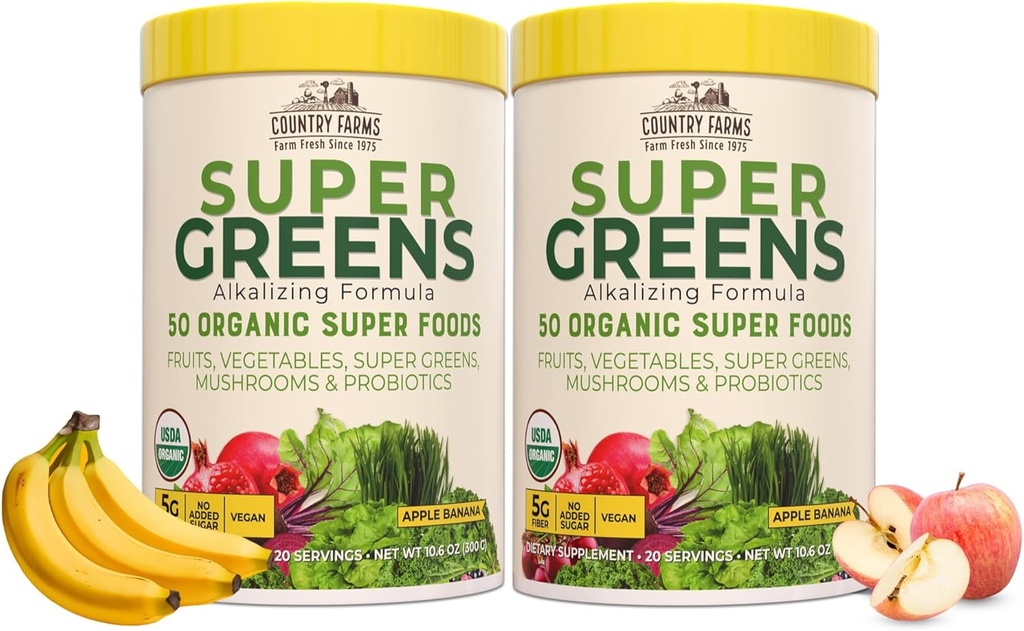 Country Farms Super Greens Apple Banana Powder Smoothie, Organic Super Foods, USDA Organic Drink Mix, Obst, Gemüse, Pilze, Superfood Ernährung, 40 Servierungen, 2 Pack