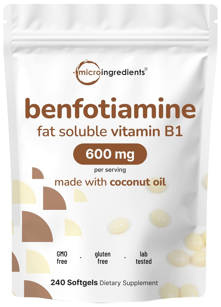Micro-ingrédients Vitamine B1 Benfotiamine 600mg par portion, 240 softgels d'huile de coco Biodisponible B Vitamines Supplément, converti en Thiamine active , non-OGM, sans soja
