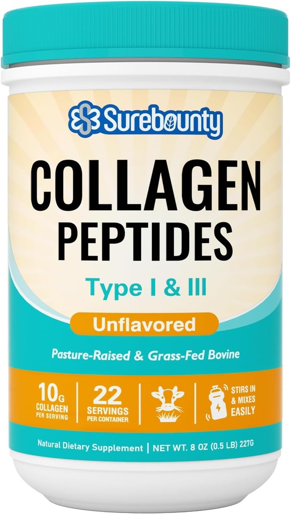 Poudre de peptides de collagène, type I et III, source de bovine alimentée à l'herbe, non aromatisée, dissolve facilement, peau, cheveux, ongles et soins musculaires, paléo & kéto, 8oz