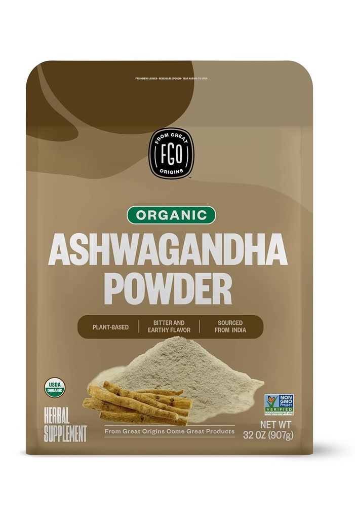 FGO Organic Ashwagandha Root Powder, 32oz wiederverschließbare Bulk Bag, Non-GMO, Indian Ginseng, Withania Somnifera, aus Indien (Pack von 1)