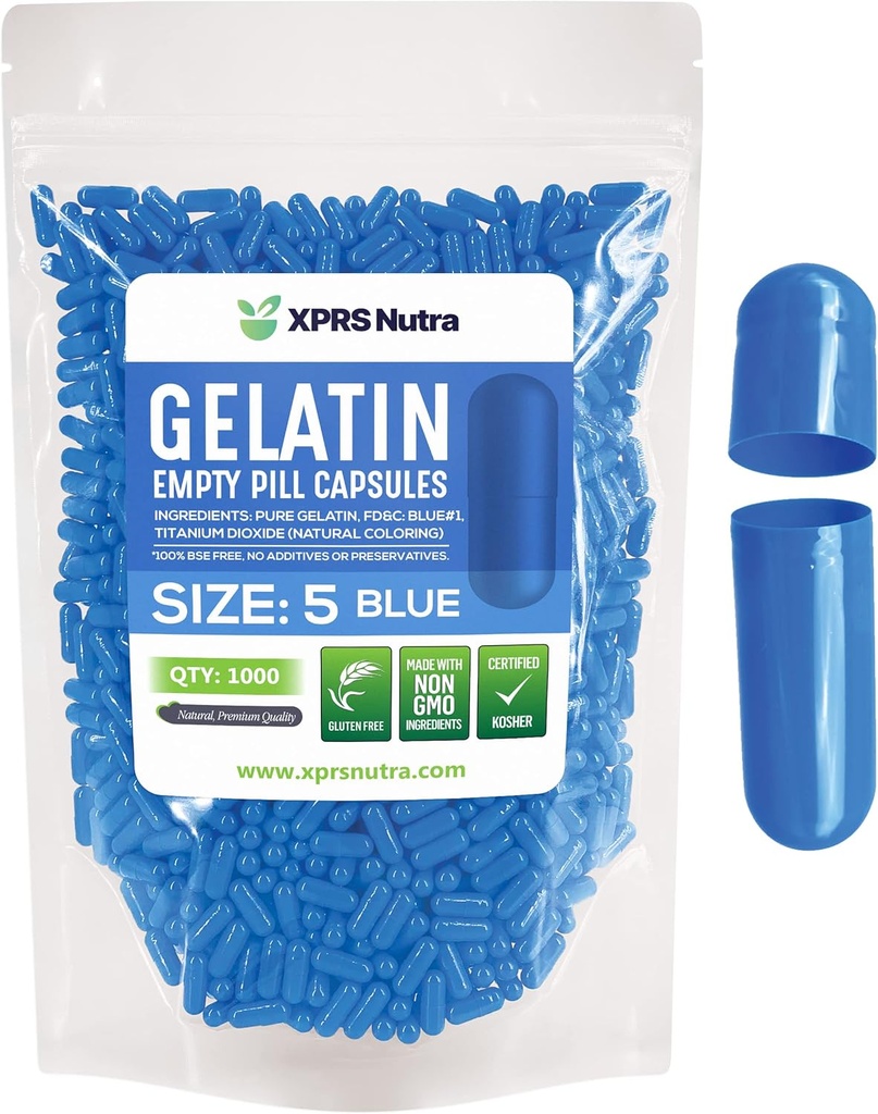 XPRS Nutra Größe 5 Leere Kapseln - 1000 Graf Sehr kleine leere Gelatine Kapseln - Pillen DIY Kapsel Füllung - Fillable Pillen Gel Kapseln für Do-It-Yourself Vitamin Supplements (blau)