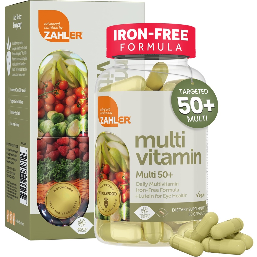 Zahler Multivitamin 50+, formula senza ferro + Lutein per la salute degli occhi, 60 capsule.