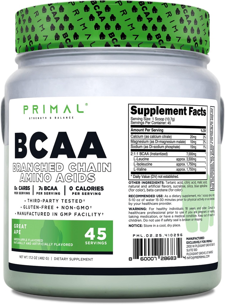 Primal BCAA Powder Great Ape (45 SERV) (Green Apple Flavored) - 0 g Carbs, 0 Kalorien, 7g BCAA pro Servieren