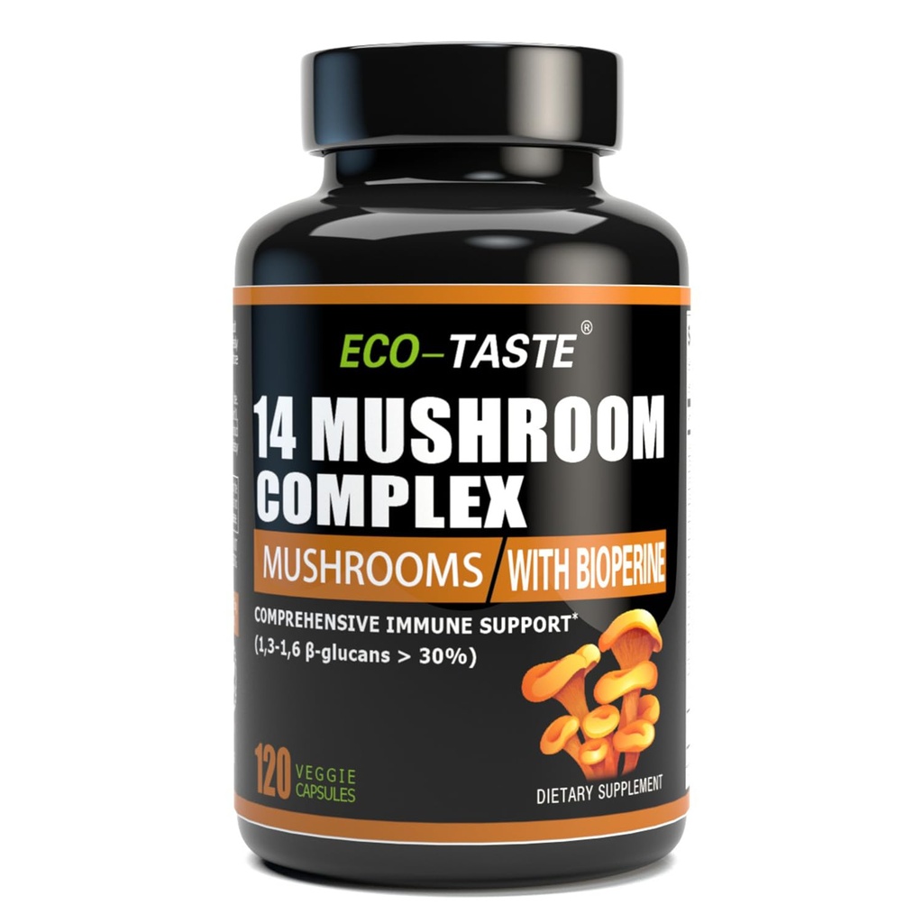 14 Funghi Supplemento 120 capsule - Sistema immunitario Booster & Nootropic Brain Supplemento – con Lion’s Mane, Reishi, Maitake, Tail Turchia, Chaga Complex – Pepe nero per l’assorbimento, 30% Beta-Glucan