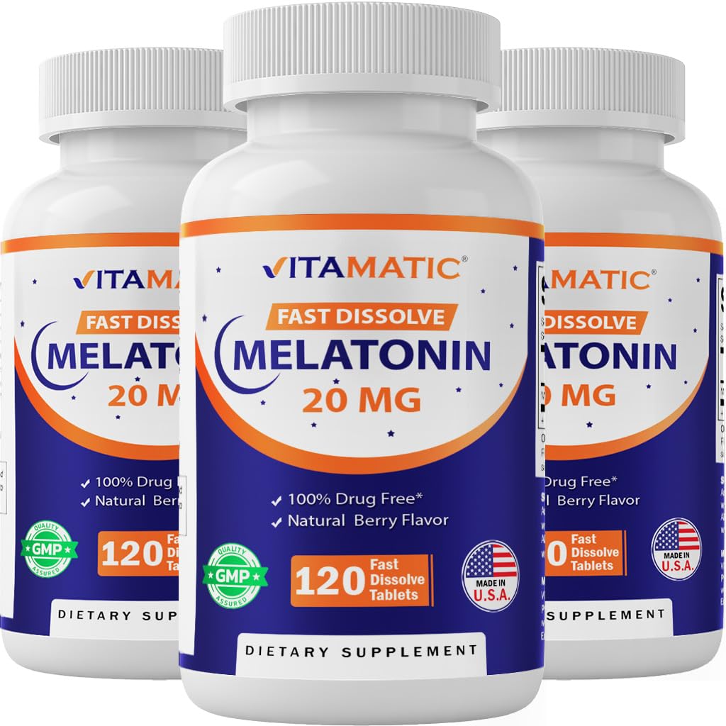 Vitamatic Melatonina 20 mg compresse | Vegetariano, Non OGM, Gluten Free | HIGH Potency 20 MG | Natural Berry Flavor (1/2 compresse = Melatonina 10 mg) (120 conteggio (confezione di 3))