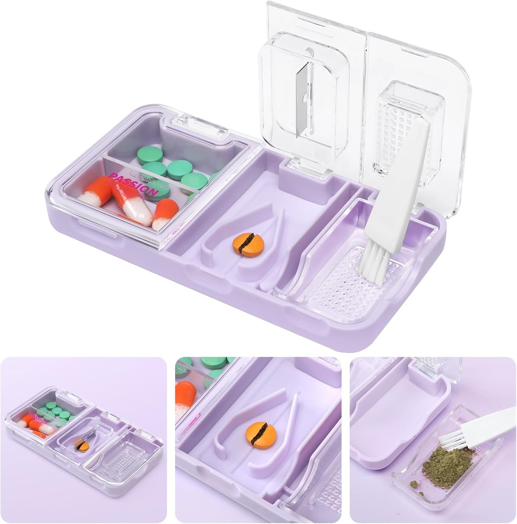 Toplive Portable 3-in-1 Pillenschneider und Pillenhalter, Accurate Easy Cutting, Medication Crusher für kleine große Pillen, Vitamin Tabletten Splitter für ältere Kinder Haustiere, Lila