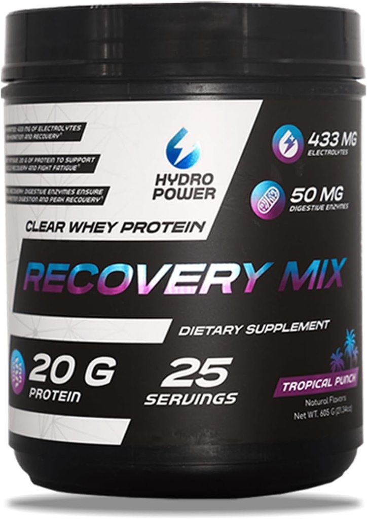 Hydro Power Clear Whey Protein Recovery Mix - Tropical Punch Flavor - 433mg Electrolytes & 20g Protein - Prestazioni di carburante & Recovery - Integratore alimentare per Uomini & Donne - 25 Serve