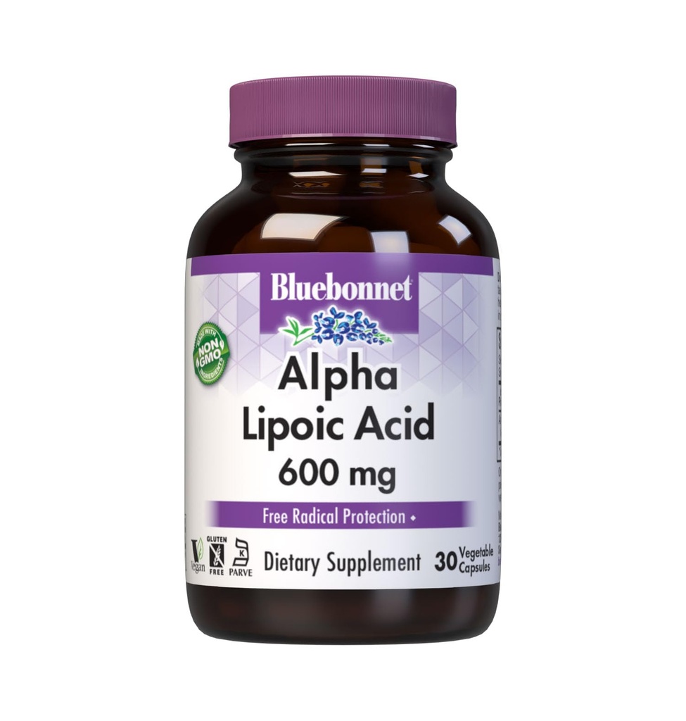 BlueBonnet Alpha Lipoic Acid 600mg - Leistungsstarke Antioxidantien Nerve Support Supplement für Damen und Herren - Non-GMO, Vegan, Kosher - Glutenfrei, Sojafrei, Dairy-frei - 60 Gemüsekapseln