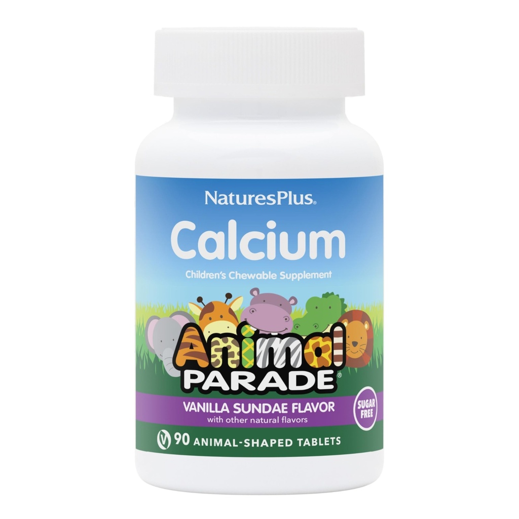 NaturesPlus Parade animale Calcium sans sucre pour enfants, Vanilla Sundae Flavor - 90 comprimés à croquer en forme d'animal - Magnésium pour la santé des os - Sans gluten - 45 portions