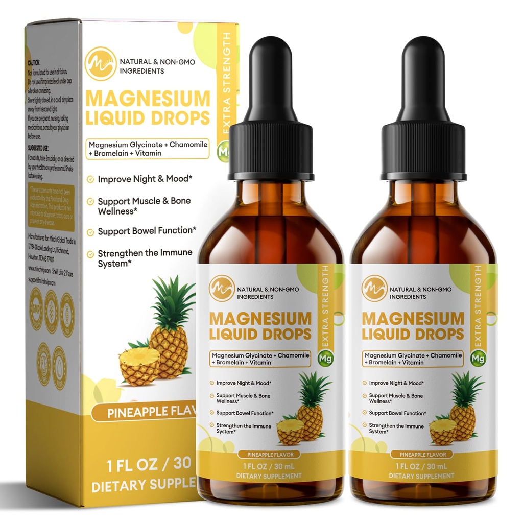 M pollice Magnesio Glycinate Liquido, Alto assorbimento Magnesio Gocce liquide con fibra di cellulosa, Bromelain, Vitamina B6, C, D, Zinco, Magnesio Supplemento per bambini e adulti, Sapore di ananas, 2 Confezione
