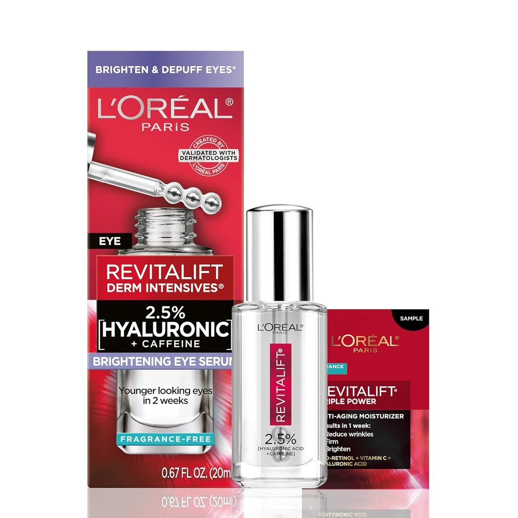 L'Oreal Paris Revitalift Hyaluronsäure + Caffeine Hydrating Eye Serum für Dark Circles, Fragrance Free .67 fl. oz + Moisturizer Sample