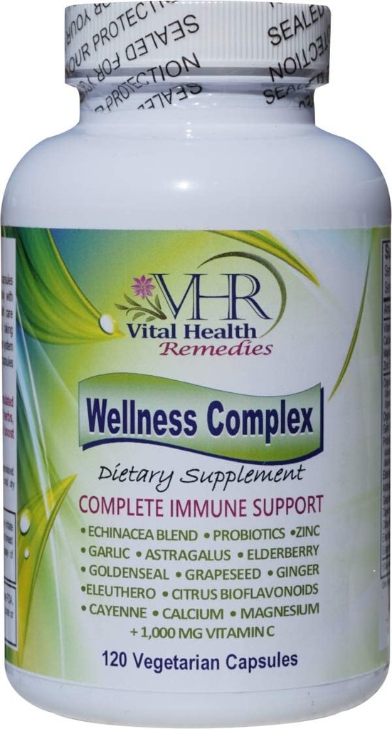 VHR Wellness Complex Immune Boosting Formel mit Echinacea, Goldenseal, Knoblauch, Probiotics, Elderberry, Astragalus, Grapeseed, Cayenne, Bioflavonoids, Eleuthero, Ginger, VIT. C, Zinc. 120 Veg Caps