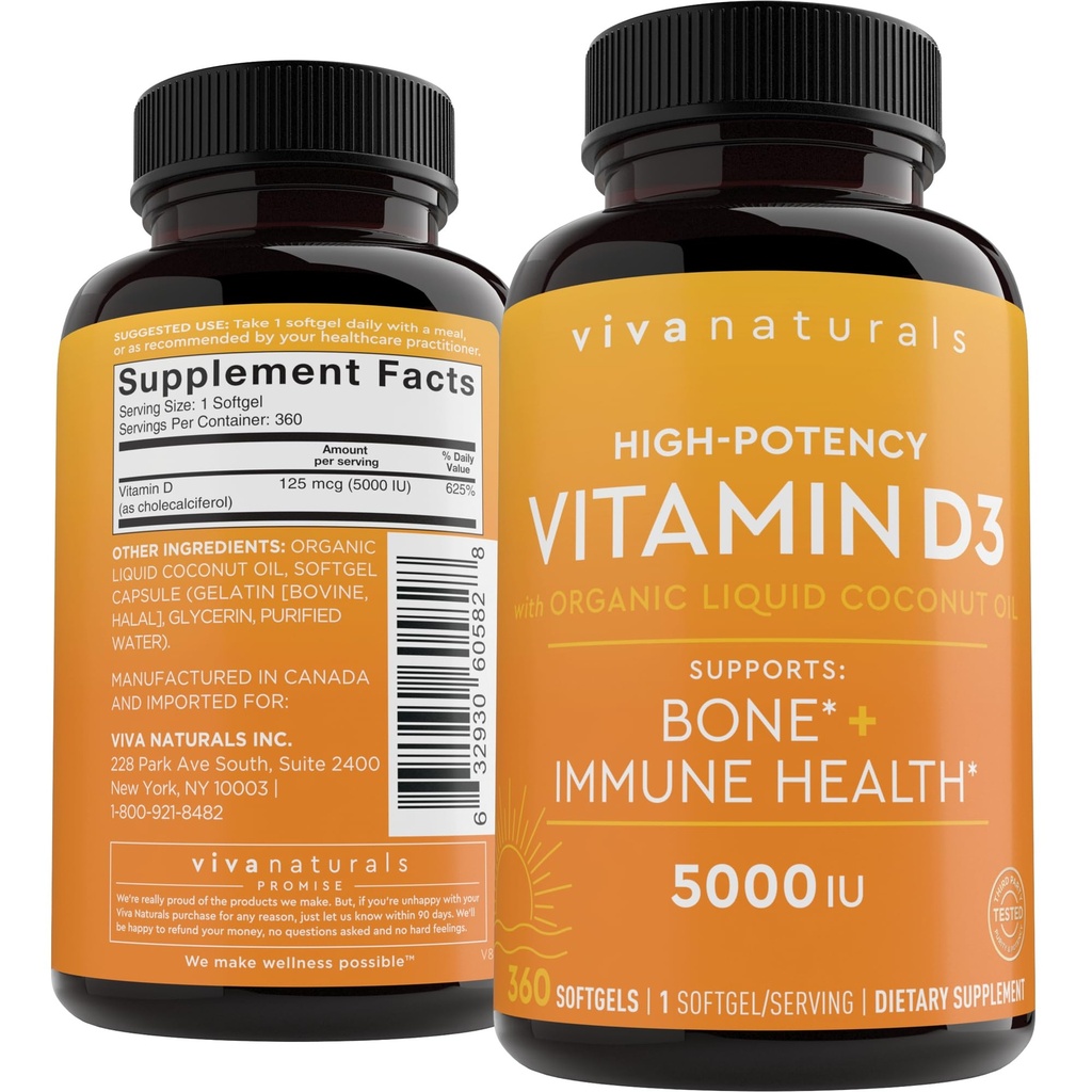 Viva Naturals Vitamin D3 5000 IU Softgels, 360 Count (125 mcg), unterstützt Knochen- und Immungesundheit, Hohe Potenz Vitamin D