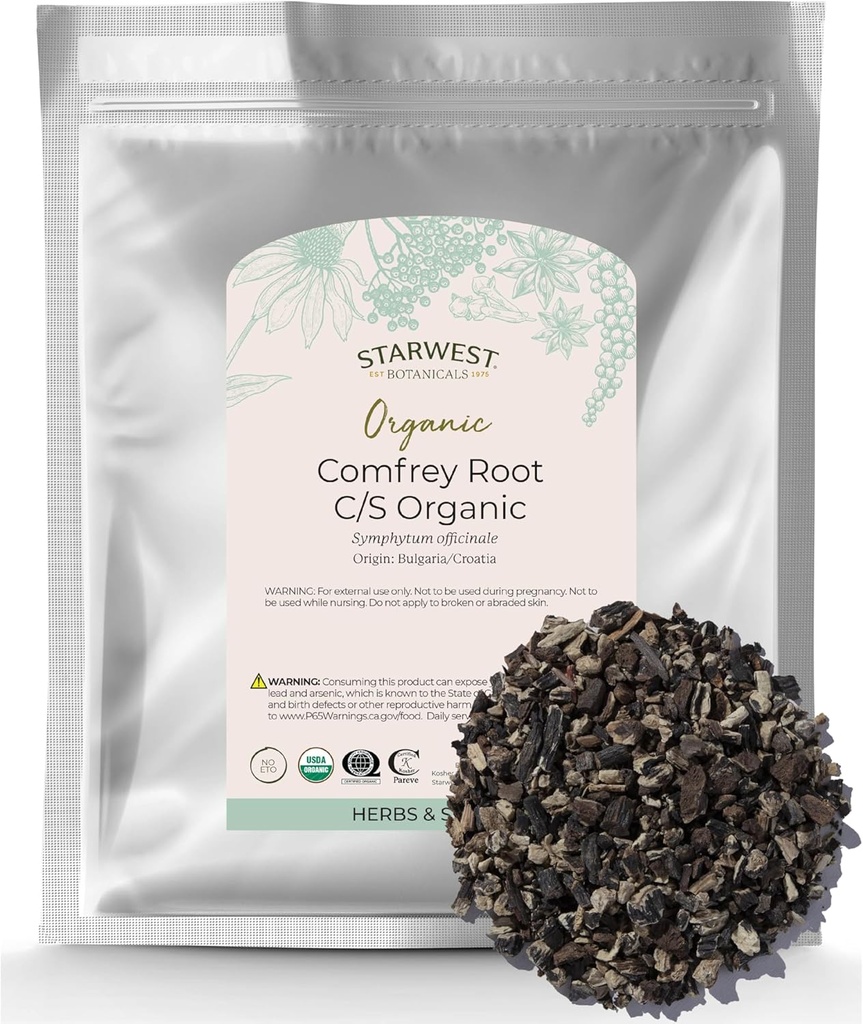 Starwest Botanicals Organic Cried Comfrey Root - Herbe naturelle pour l'application topique, le sel ou l'huile, coupée et tamisée, casher certifié, non-OGM - vrac 1 lb sac