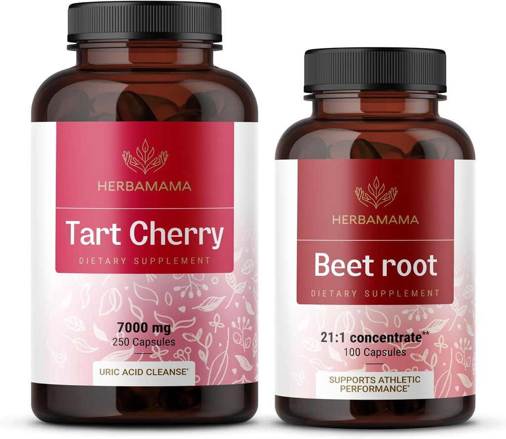 HERBAMAMA Tart Cherry and Beet Root Kit - Bundle di 7000 mg Tart Cherry & 21:1 Concentrato Beet Root Capsules - Vegan, Non-GMO, Gelatin-Free - 2 Pack