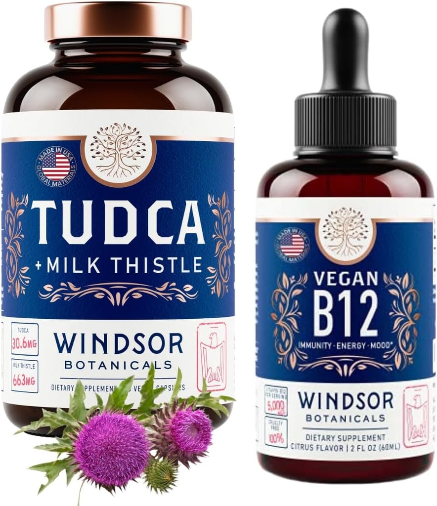 BOTANIQUES DE WINDSOR Tudca avec chardon de lait silymarin et vitamine végane B12 liquide - Trousse de soutien sanitaire