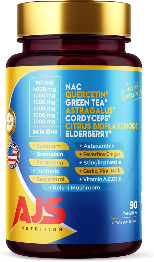 AJS Quercetin 4000mg con Nac Green Tea Cordycepscitrus Elderberry Selenium Bromelain Echinacea Turmeric Resveratrol Astaxanthin Feverfew Ginger Reishi Mushroom 90 Caps 20 in 1