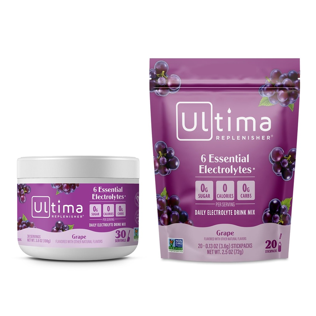 Ultima Replenisher Electrolyte Powder Drink Mix Bundle – Sugar Free – Uva, 30 Canister e 20 Stickpacks – 6 Elettroliti e Minerali – Keto Friendly, Vegan, Non OGM