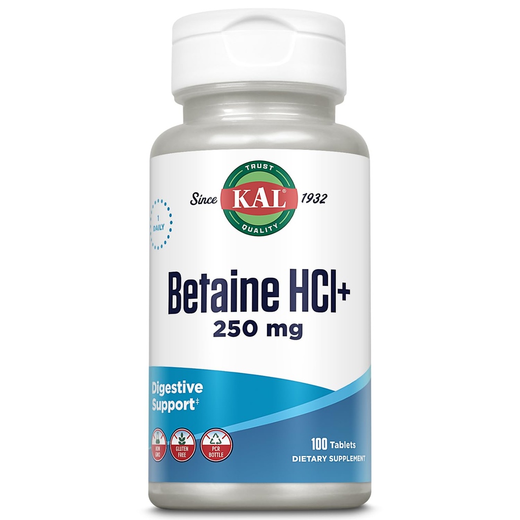 KAL Betaine HCL con Pepsin, Integratore di salute digestivo con 250 mg Betaine Hydrochloride Plus 130mg Pepsin, Gluten Free, Non OGM, Garanzia di 60 giorni, Compresse di disintegrazione rapida, 100 Servings, 100ct