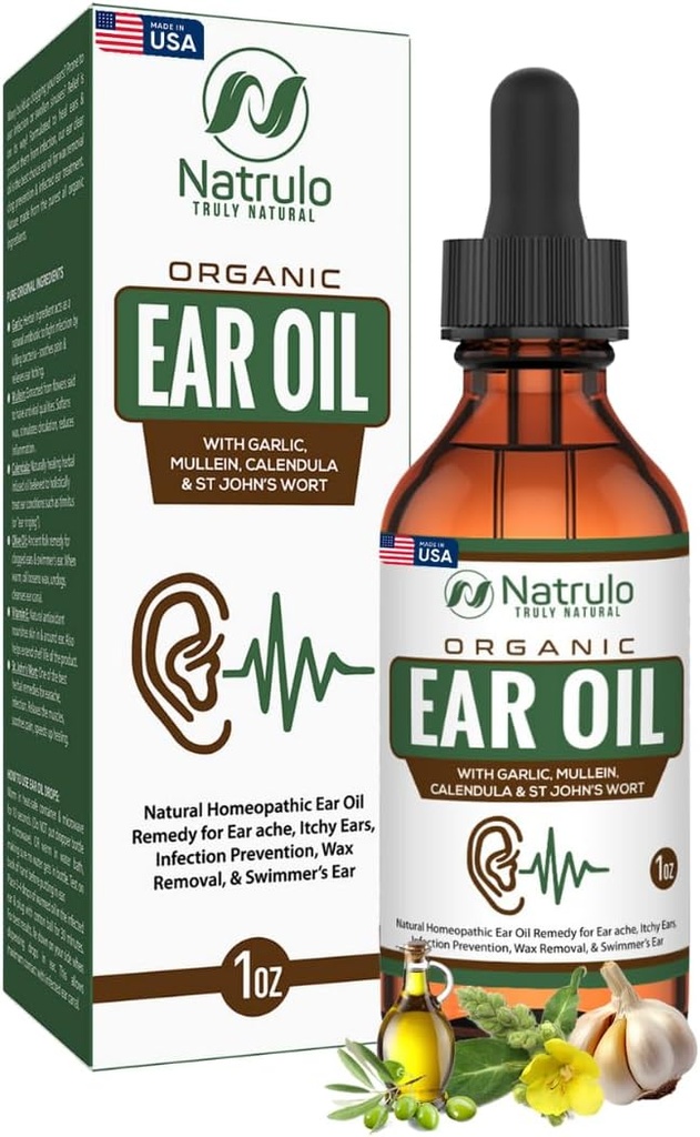 Olio per l'orecchio organico per l'infezione dell'orecchio - Gocce naturali per il dolore dell'orecchio, Rimozione dell'orecchio e della cera di Swimmer - Bambini, Adulti, Baby, & Dog Earache Remedy - Gocce d'orecchio con Mullein, Aglio, Calendula Made in USA