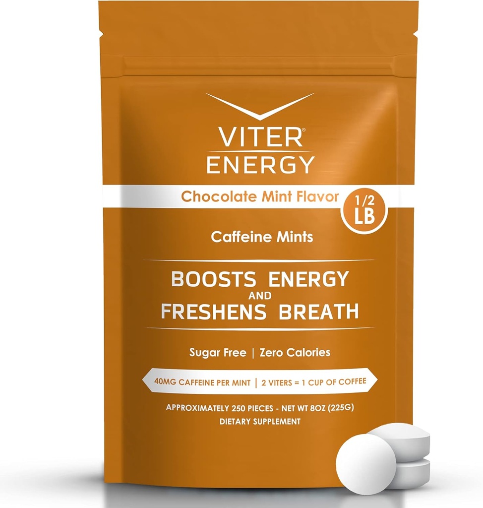 Viter Energy 40mg Koffein Minze - Zuckerfrei, B Vitamine, Vegan, Boosts Fast Energized Alert Focus, Koffeinierte Nootropic Ergänzung Pillen (Chocolate Mint Flavor, 8oz, Bulk Bag)